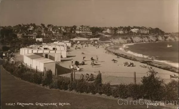 Cornwall England RPPC Falmouth Gyllyngvase Beach Judges Ltd. Real Photo Postcard