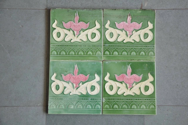 4 Pc Vintage Majolica Leaves & Flower Art Nouveau Architecture Tiles,Japan
