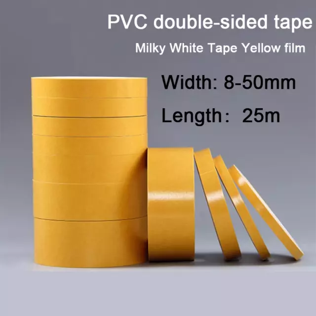 25m PVC White High-viscosity Double-sided Adhesive Yellow Film 8mm-50mm Width