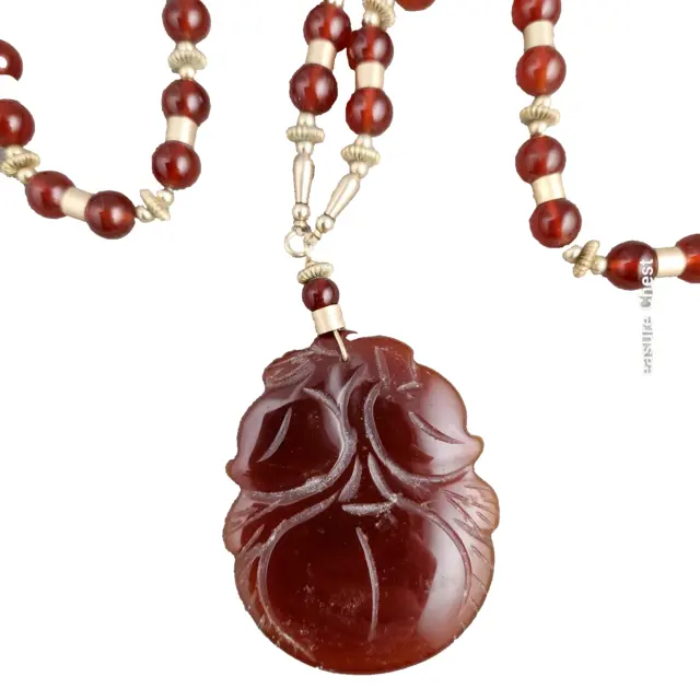 VTG CHINESE Nephrite Jade Pendant Large Carved Necklace Red Bead Gold Filled 26"