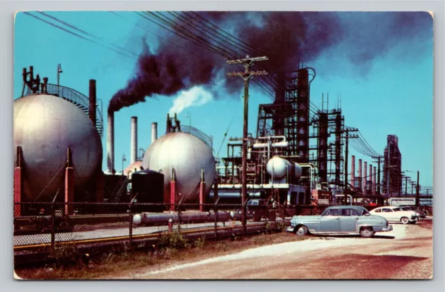 Postcard TX Refinery Scene Beaumont Port Arthur Texas Smoke Vintage Cars UNP