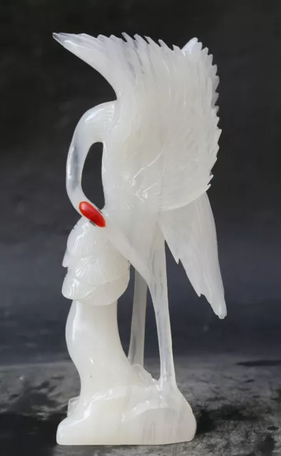 8" China 100% Natural White Jade Carved Red-crowned Crane Bird Auspicious Statue