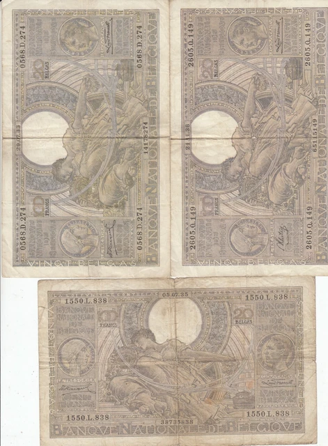 Belgium 100 Francs-20 Belgas Pick-107 1933/1935/1936