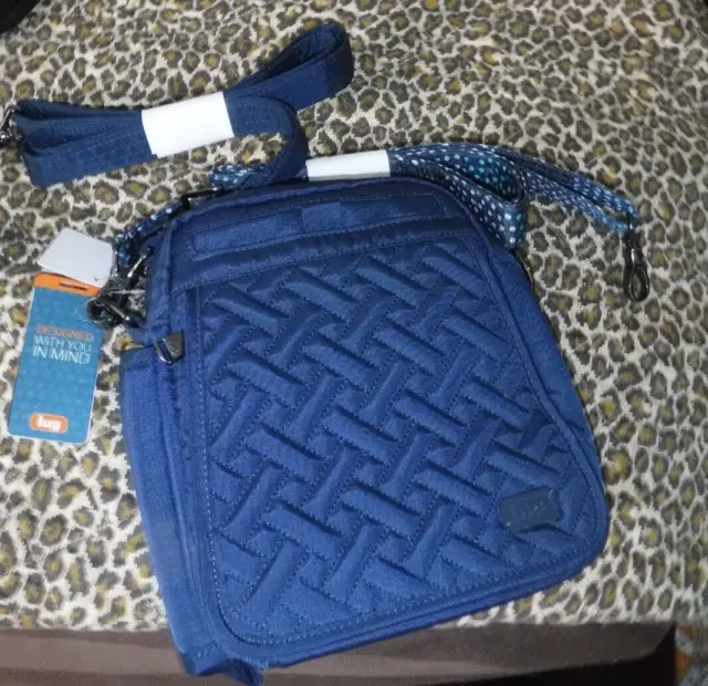 LUG Flapper Crossbody Navy Blue Bag, two straps, 8 x 8 x 3 New NWT Bottle holder