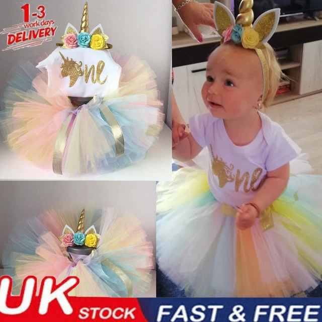 UK 3PCS Baby Girl 1st Birthday Outfit Party Unicorn Romper Cake Smash Tutu Dress