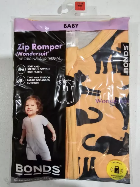 Bonds Halloween Black Cat Orange Zip Romper Short Sleeve Size 1 BNIP