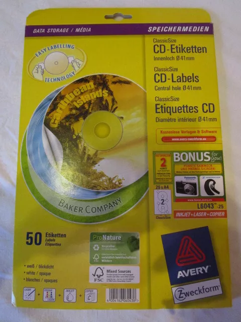 50 Stück Avery Zweckform L6043-25 CD/DVD Etiketten, NEU