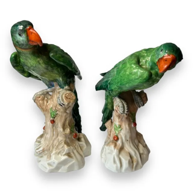 Pair of Antique German Original Dresden Porcelain Green Parrots Birds Figures 6"