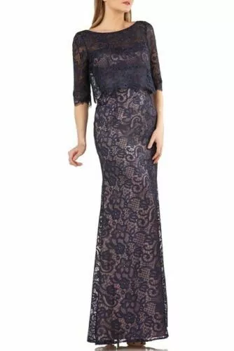 JS COLLECTIONS EMBROIDERED LACE SCALLOP TRIM EVENING NAVY GOWN DRESS sz 10 NEW