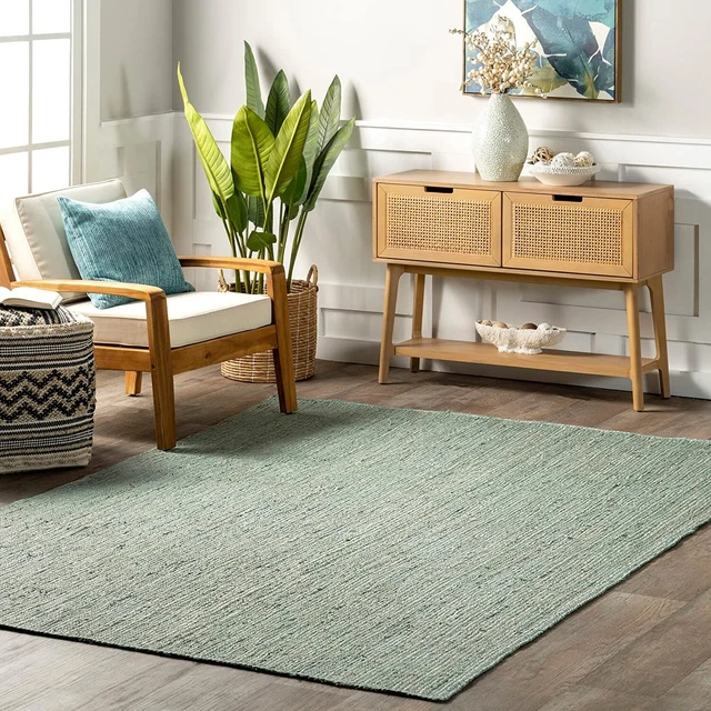 Rectangle Sea Green Jute Area Rug 100% Braided Runner Rustic Living Area Carpet