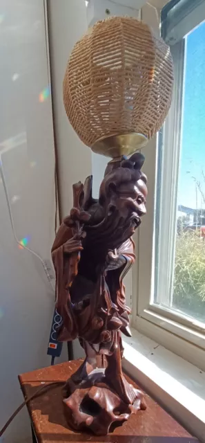HUGE Carved  Wood Chinese Wise  Immortal Shou Lao God of Longevity Lamp + Stand