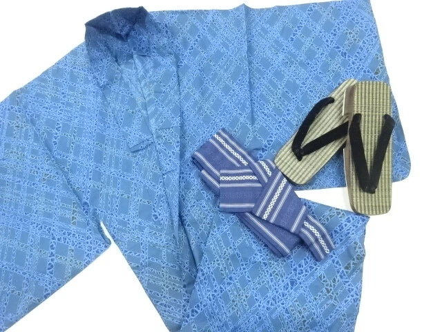 42118# JAPANESE KIMONO / MENS YUKATA & GETA (26.5 cm) SET / DIAGONAL GRID