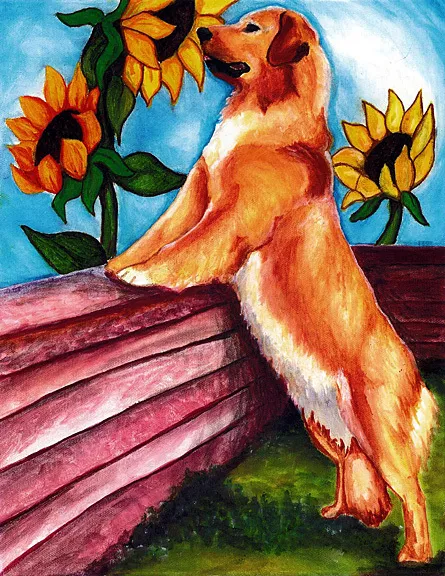 GOLDEN RETRIEVER SUNFLOWERS Dog Art Print of Original Painting Artwork by VERN