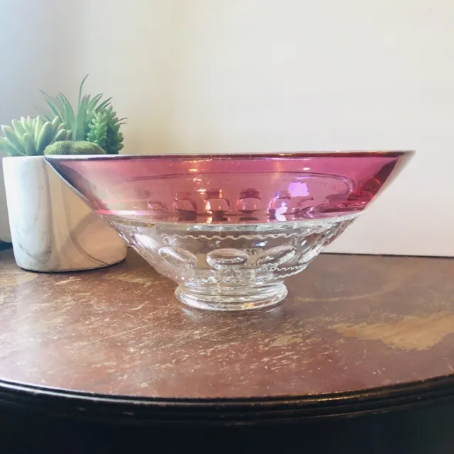 Kings Crown  Pink Glass Salad Fruit Bowl 1950s Vintage, Thumbprint Design