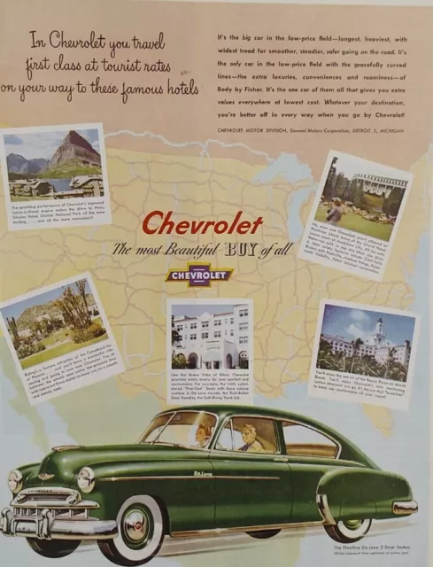 1949 Print Ad Chevrolet Fleetline Deluxe Green Car 2 Door Sedan Automobile Vtg