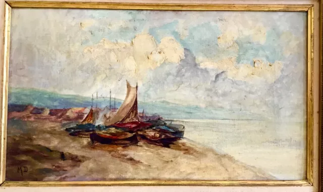 TABLEAU MARINE HUILE SUR TOILE SIGNÉ : M D FIN 19éme EN PARFAIT ÉTAT 2