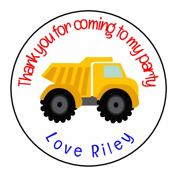 Digger Truck Personalised Thank You Sticker Party Bag Sweet Cone Birthday Label