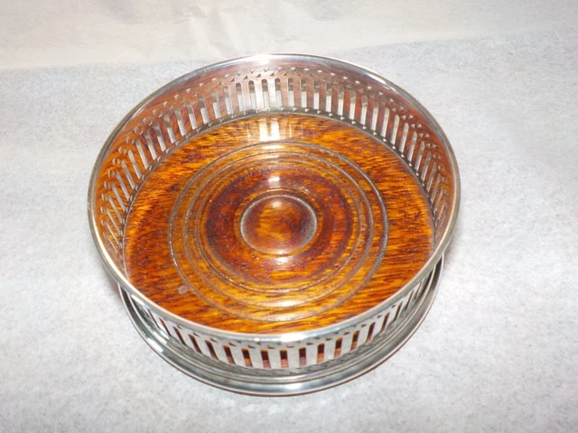 Vintage Unstamped Wine Coaster/Slide Pierced Decoration Oak Base Felt (B1)