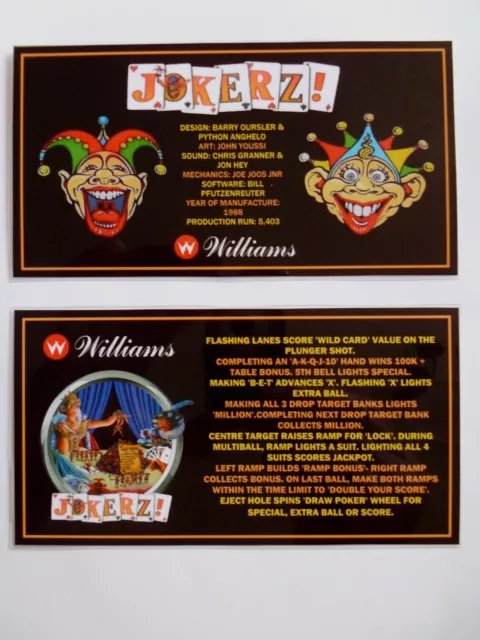 * * 'JOKERZ!' Williams 1988 Custom Instruction/Apron Cards (New) * *