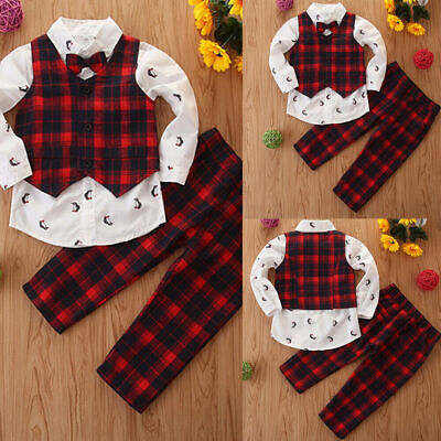 3pc Toddler Baby Boy Kid Christmas Plaid Vest Shirt+Pants Gentleman Suit Outfit