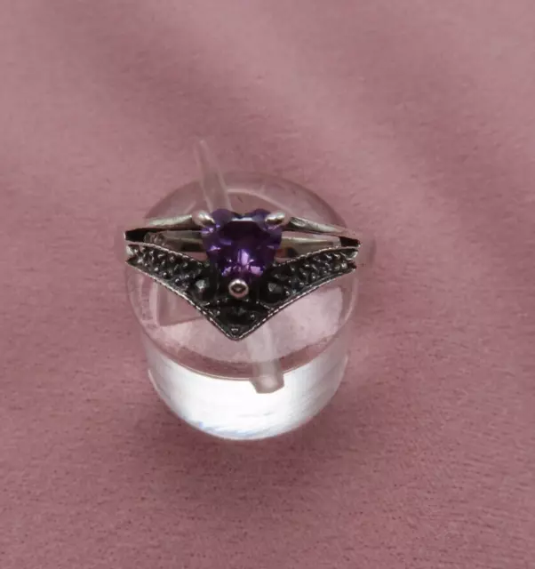 Vintage Ring Sterling Silver Cocktail Marcasites Amethyst Gemstone 6.5 Band 567c