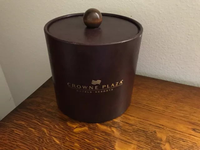 Crowne Plaza Hotels Resorts Ice Bucket Brown Faux Leather W Lid. 8" Dia  7" Tall