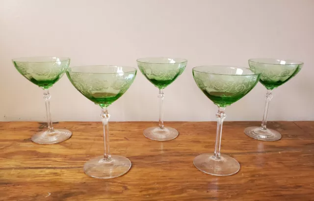 Vintage Green Etched Fostoria Acanthus Champagne Tall Sherbets-Set of 5-Rare HTF