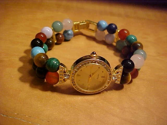 NEW Ladies MultiColored Beaded Quartz Wristwatch with Diamond Bezel, New Battery
