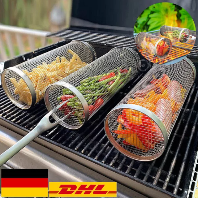 1-4er Zylindrischer Grillkorb 360 Grad Design Edelstahl Rollender BBQ Grill DHL