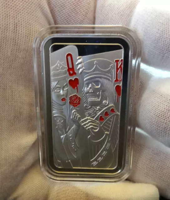 .999 Fine Silver Death Dealer King & Queen Of Hearts Bleeding Red Skeleton Bar