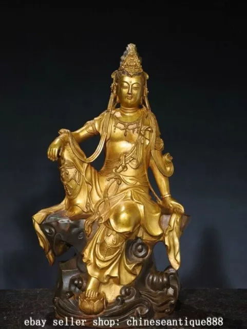 18.8" Old Tibetan Buddhism Bronze Gilt Free Guanyin Bodhisattva Buddha Statue