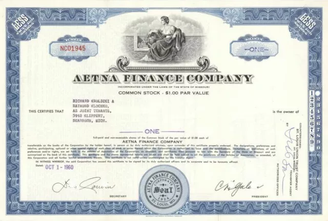 Aetna Finance Co. - Stock Certificate - Banking Stocks