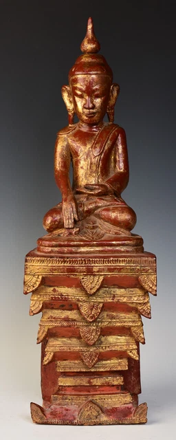 18th Century, Shan, Antique Burmese Wooden Seated Buddha