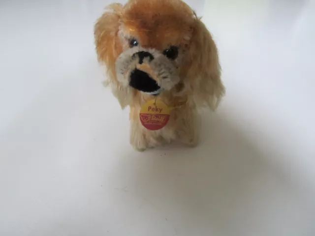 Steiff Hund Peky Nr  2120/10 . 11cm mit Fahne und Knopf