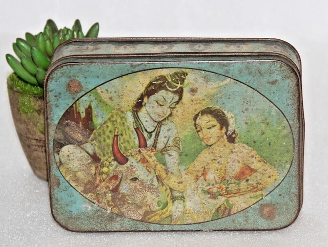 Vintage God Shiva Graphic Litho Print Caja de lata vacía Old Original 14039