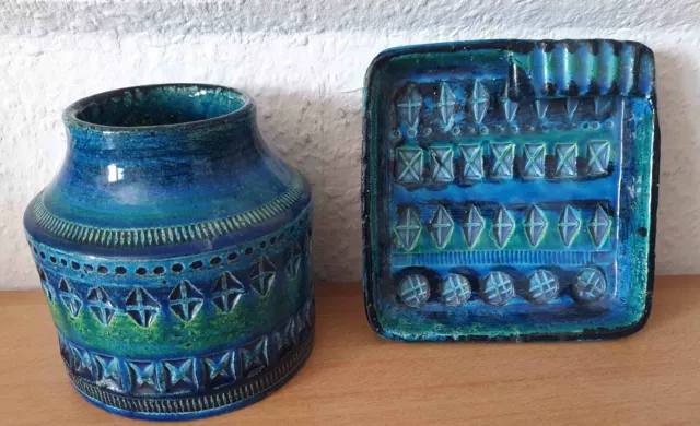 Vintage Bitossi Vase Rimini Blu Blau Türkis Höhe 13 cm und Aschenbecher 60er