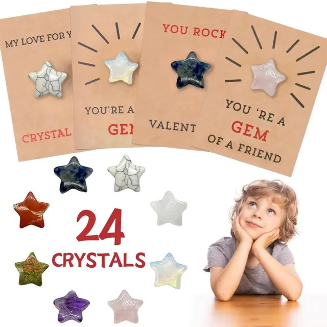 24Pack Valentines Cards with stars-Shape Crystals Valentine Gift Exchange AU New