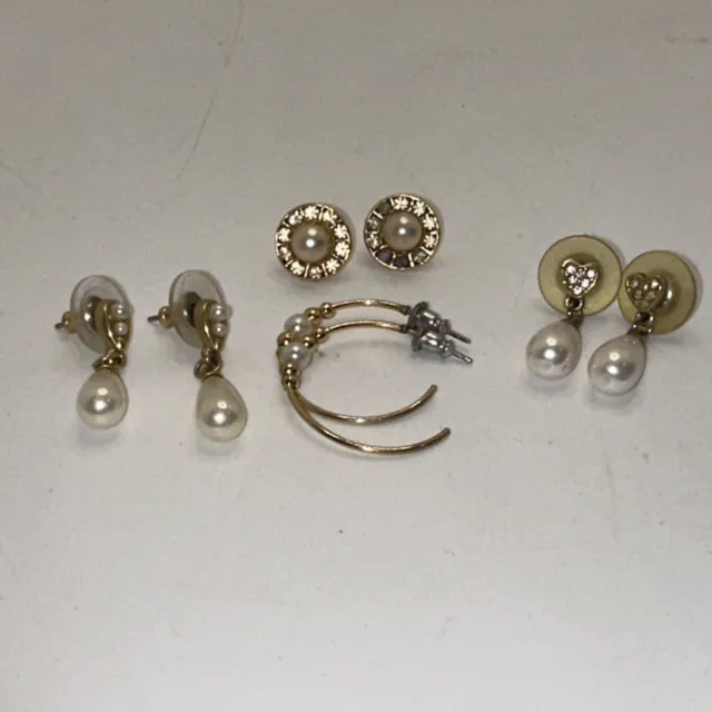 Vintage Earrings 4 Pairs Gold Tone Stud Button Dangle Faux Pearl Hoops Pierced