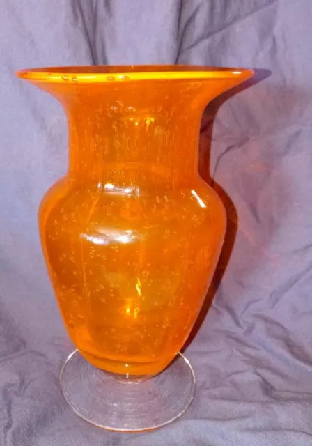 Hand Blown Orange Art Glass Footed Vase lots of Bubbles