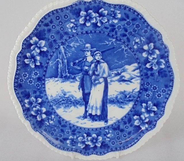 Antique Spode Copeland  Transfer Ware Blue / White Plate - Pilgrims - Boston .