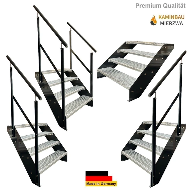 Premium Außen -Treppe 4 Stufen Breite 60-140cm H: 76cm  Wangen & Geländer Anth.