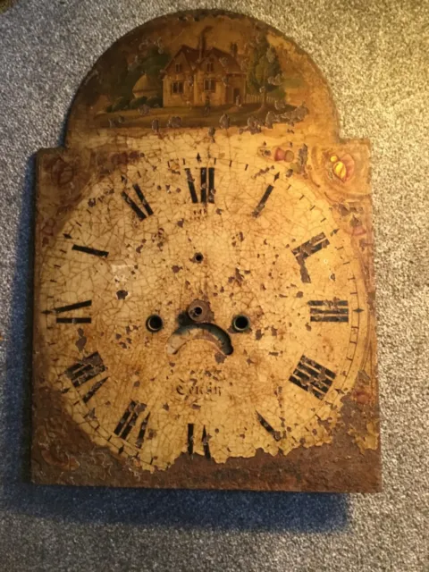 Antique Longcase Clock Face Dial Hand Painted very old distressed condition