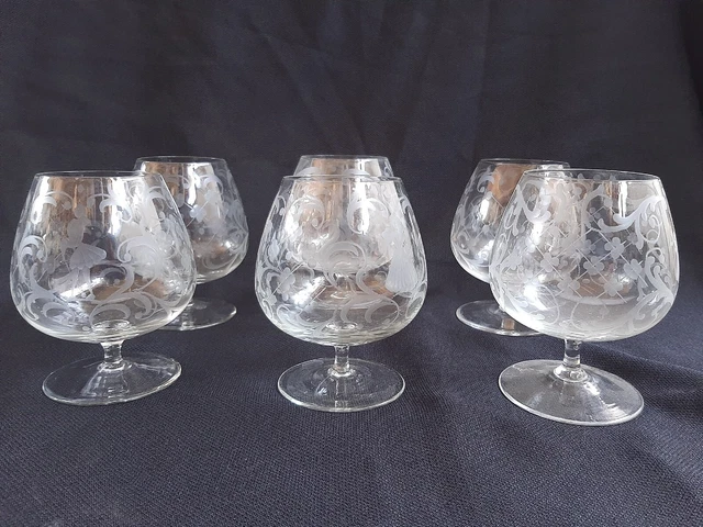 6 Antichi Bicchieri Cognac Vetro Di Murano Incisi Figure Dama E Cavaliere