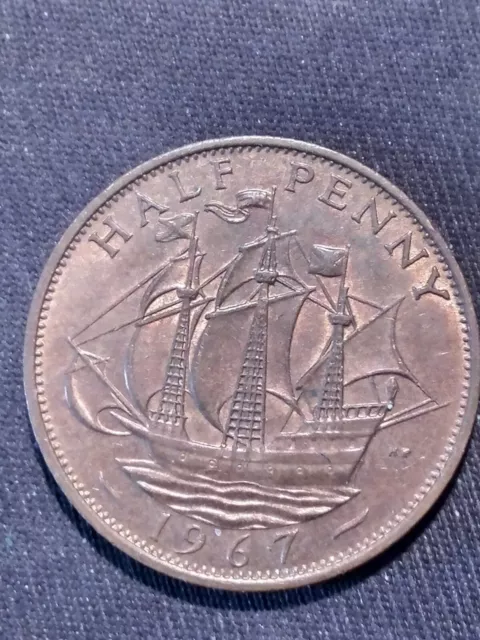 1967 half penny Queen Elizabeth II 1/2d coin Golden Hind  clean condition