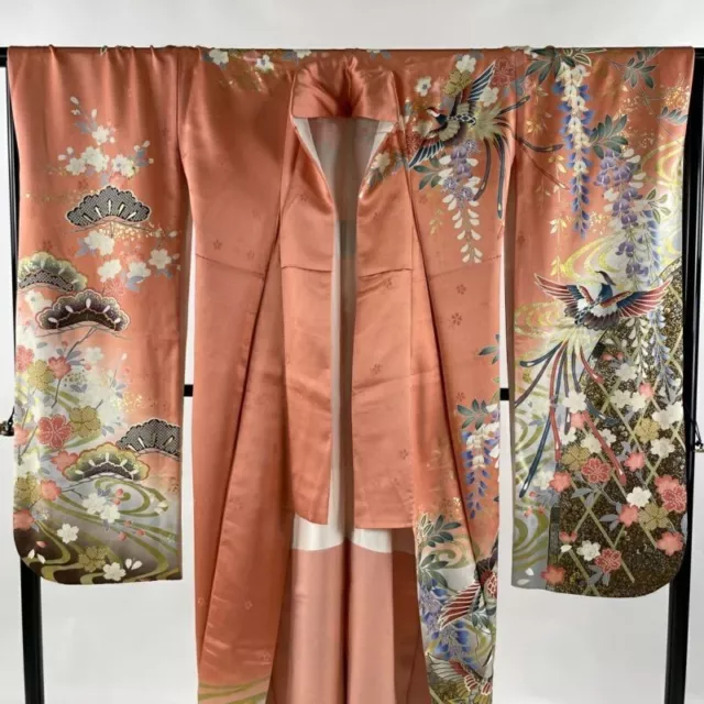 Woman Japanese Kimono Furisode Silk Flower Bird Stream Gold Silver Foil Pink 6