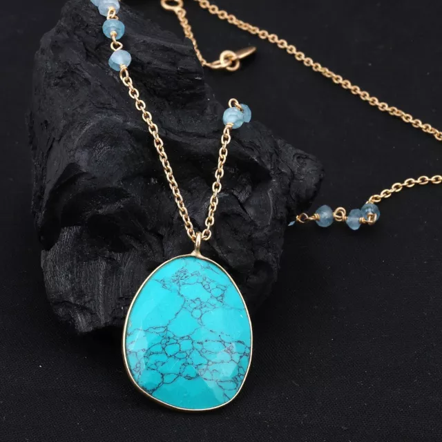 Turquoise & Apatite Collier or Jaune Plaqué 925 Argent Sterling Collier