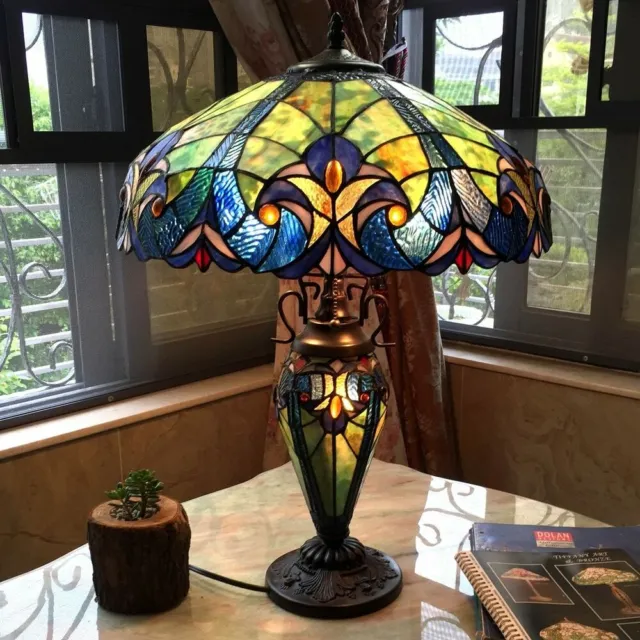 Tiffany Style Table Lamp Double Lit Stained Glass Reading Accent Victorian