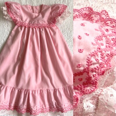 Vintage Baby Gown *12 Months* ALEXIS Long Pink Embroidered Ruffled Lace Dress