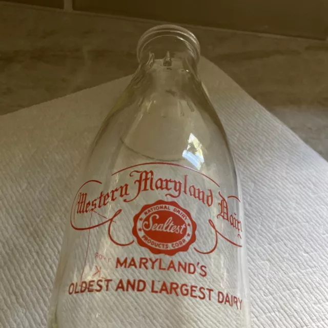 Vintage Quart Clear Glass Milk Bottle Western Maryland Dairy Embossed Bottom
