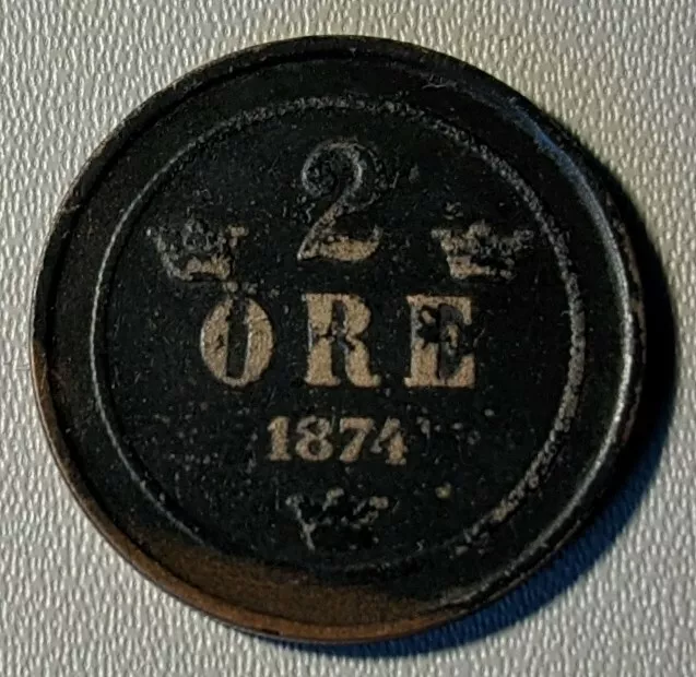 Sweden 2 Ore 1874 Bronze Coin - Oscar II - Three Crowns